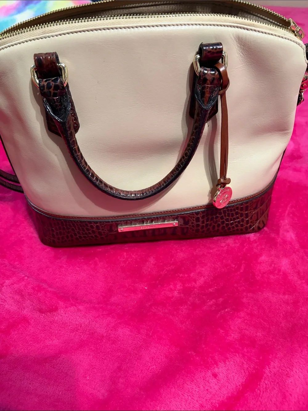 Brahmin Cream Satchel with Brown Croc Trim and Handles